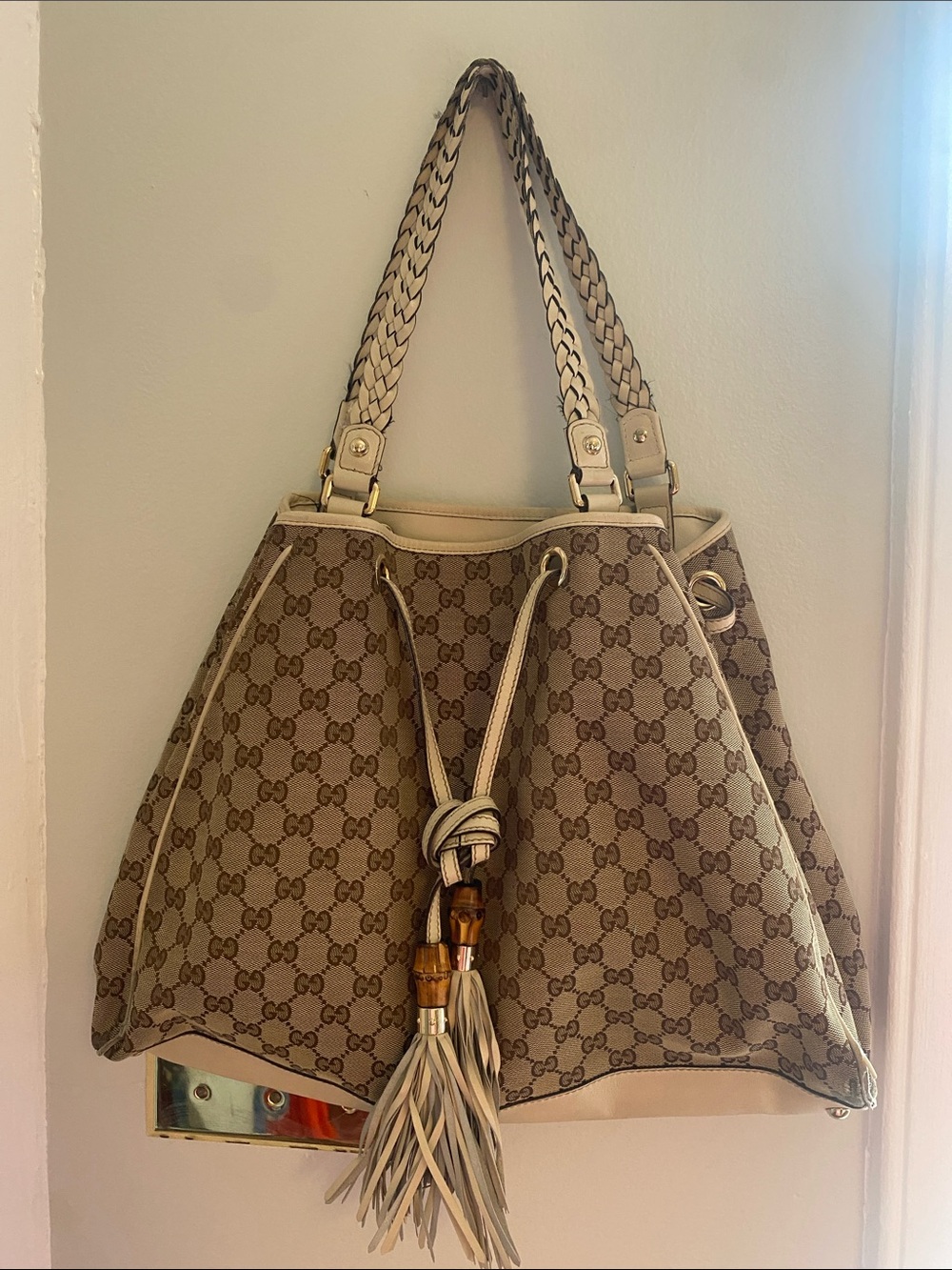 Gucci Beige GG Monogram Shoulder Bag with Tassel